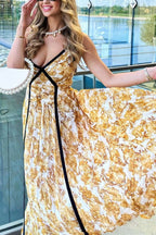 Floral Print Spaghetti Strap Contrast Trim Pleated Maxi Dress