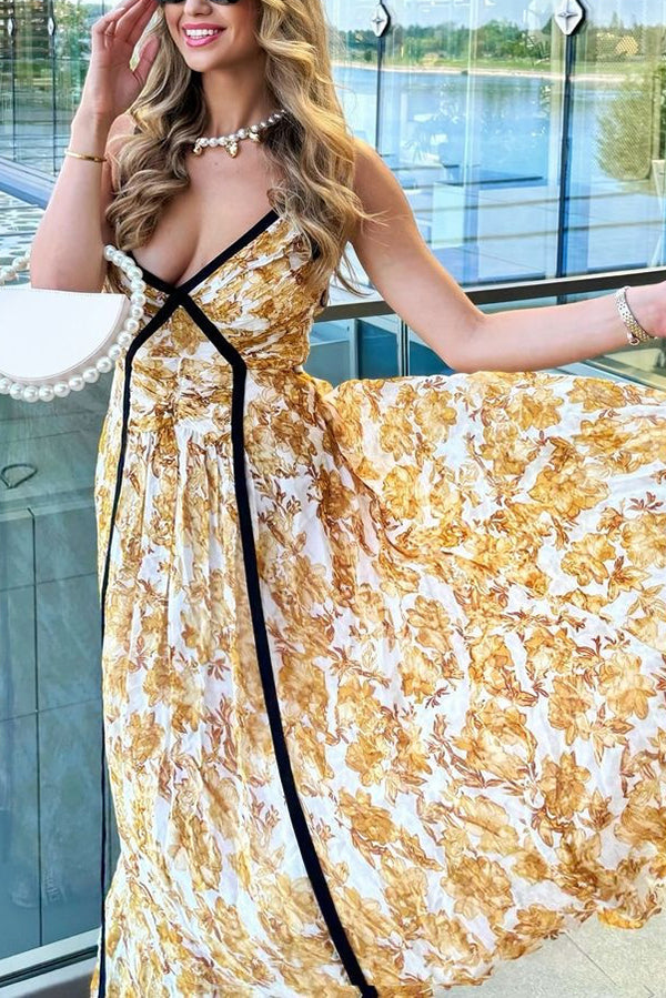 Floral Print Spaghetti Strap Contrast Trim Pleated Maxi Dress