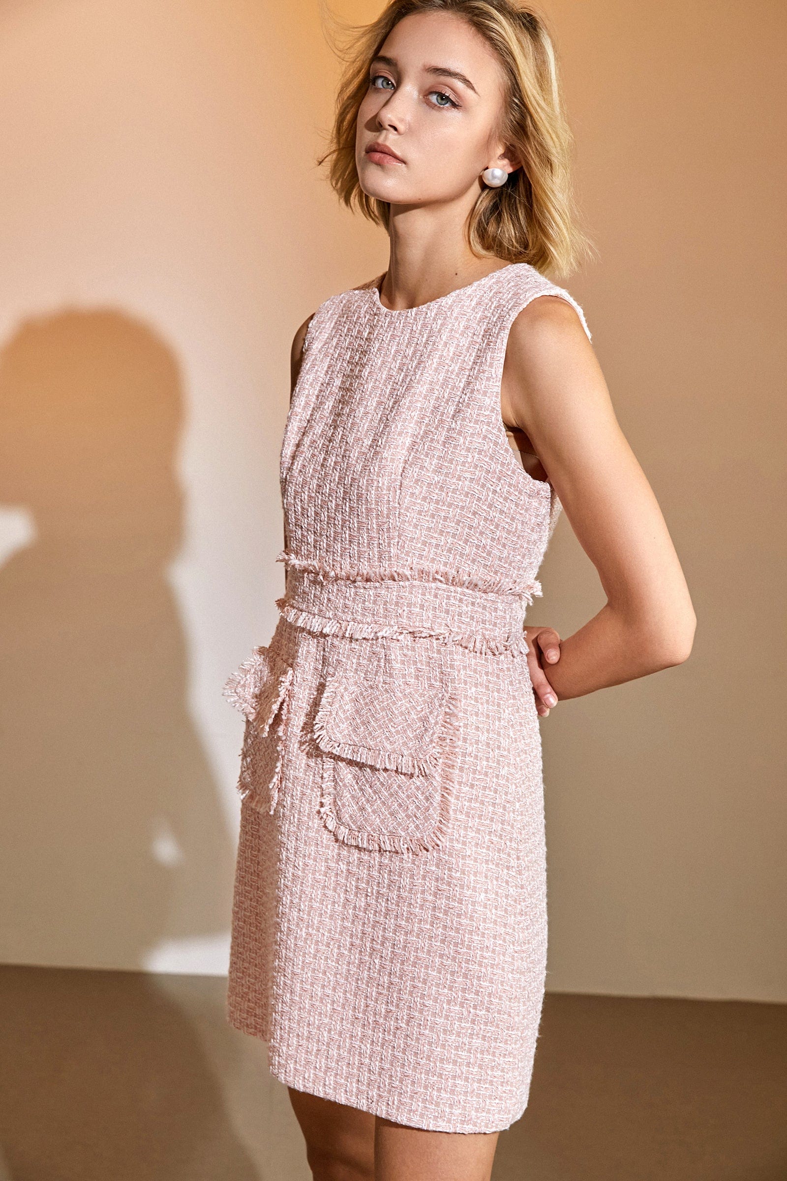 Crew Neck Fringed Waist Patch Pocket Tweed Boucle Mini Dress