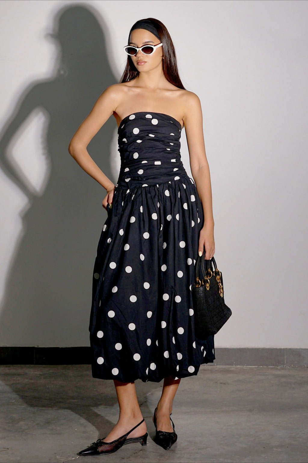 Polka Dot Strapless Ruched Bodice A-Line Maxi Dress