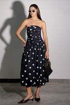 Polka Dot Strapless Ruched Bodice A-Line Maxi Dress