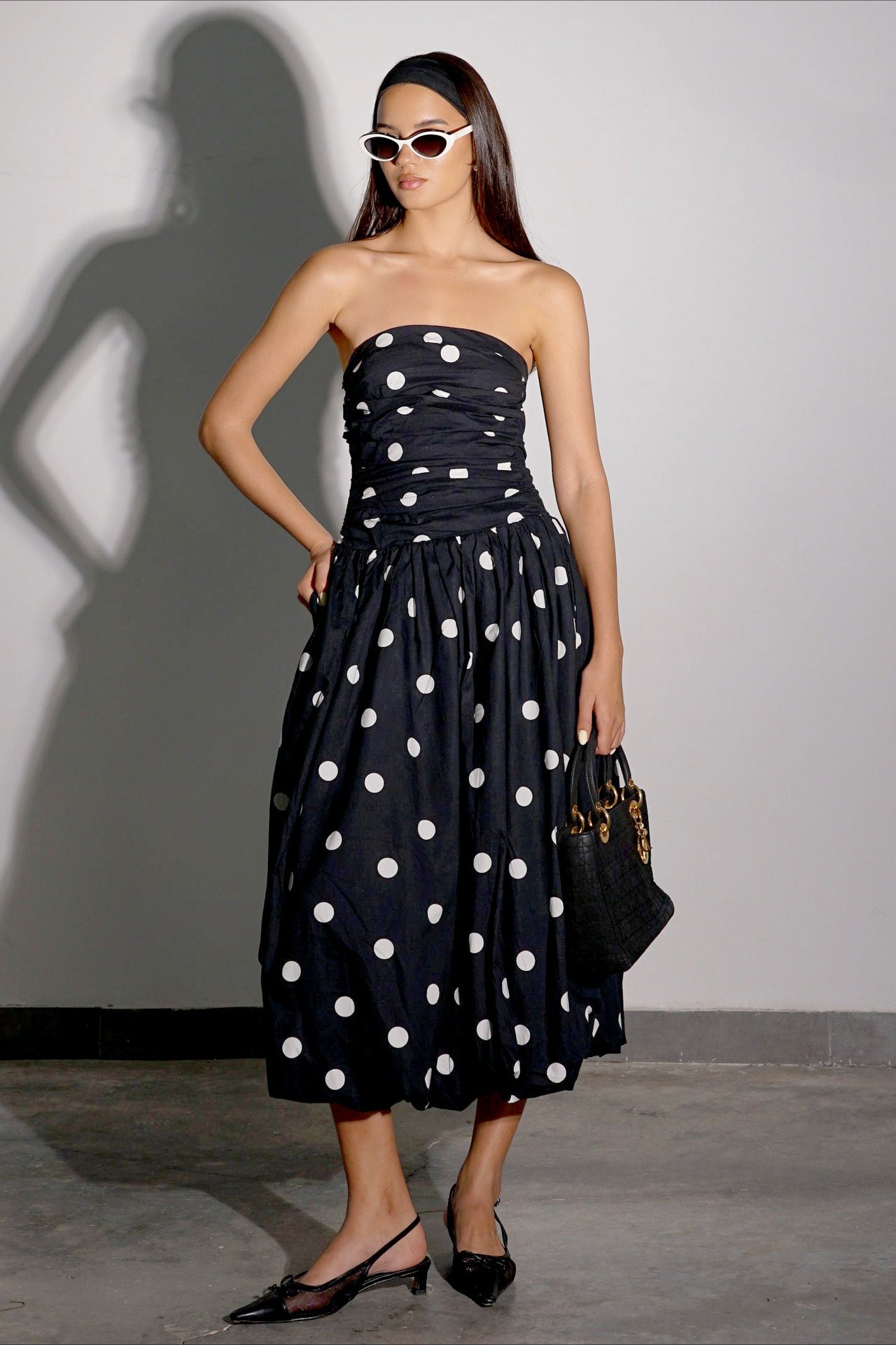 Polka Dot Strapless Ruched Bodice A-Line Maxi Dress