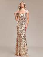 Glamour Robe de Soirée Moulante Longue Gold Dorée Brillante Epaule Couverte