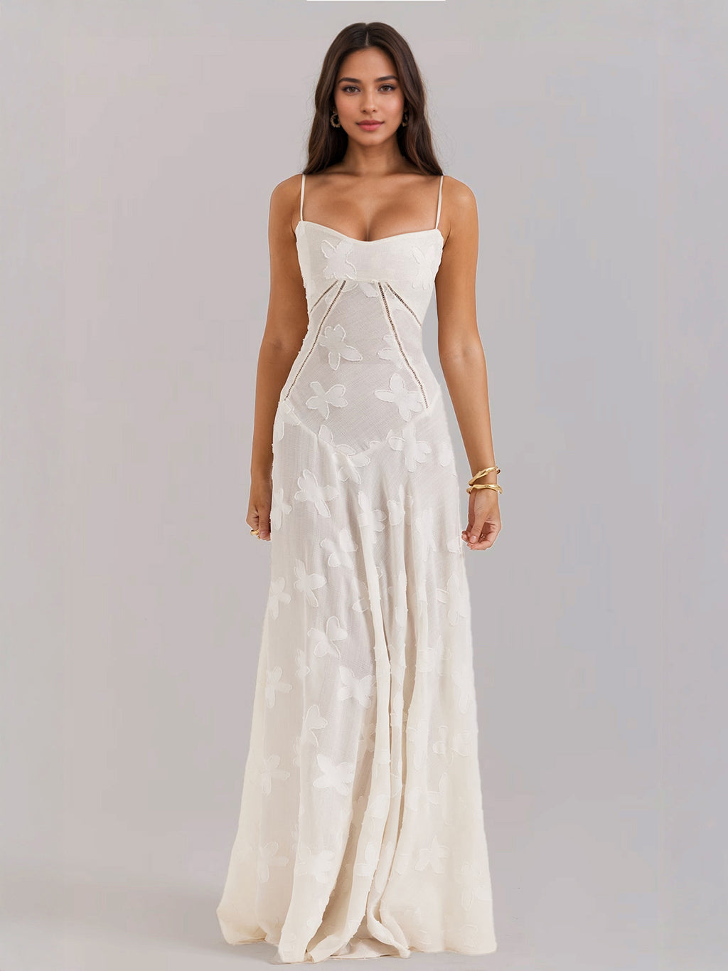 Boho Jacquard Sheer Maxi Dress for Women - Cream White Lace-up Back Slim Fit A-Line Flowy Cami Gown - Summer Beach Party 2026