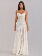 Boho Jacquard Sheer Maxi Dress for Women - Cream White Lace-up Back Slim Fit A-Line Flowy Cami Gown - Summer Beach Party 2026