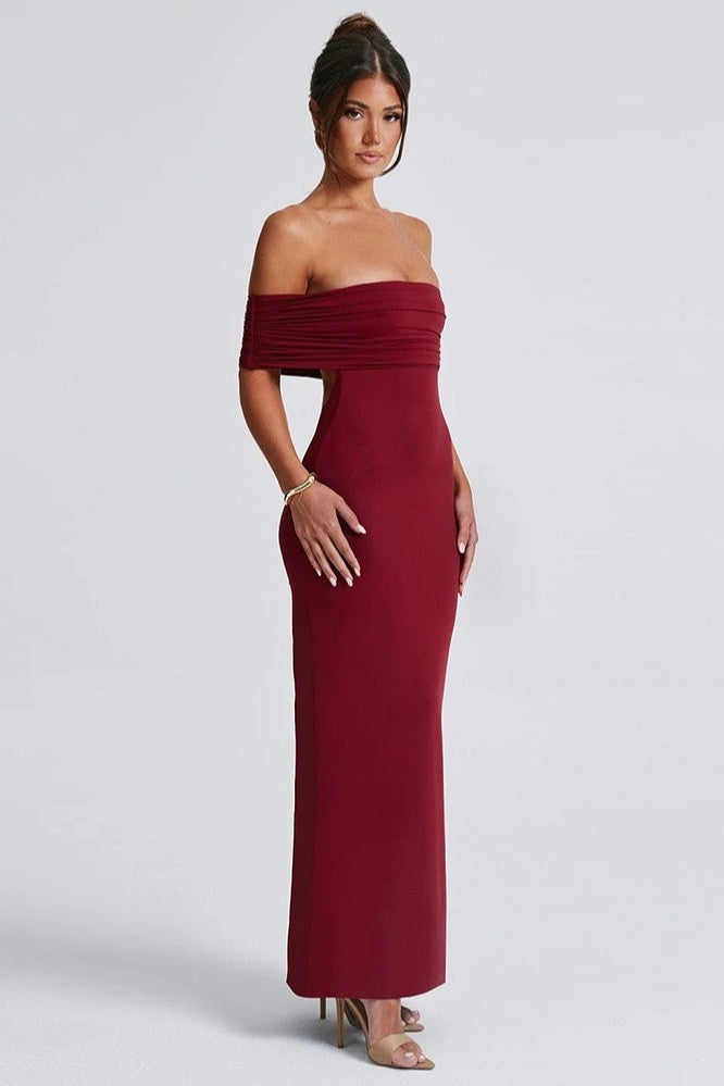 Off Shoulder Ruched Band Open Back Bodycon Maxi Dress