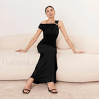 Diagonal Collar High Waist Ruched Hip Wrap Mermaid Maxi Dress