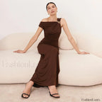 Diagonal Collar High Waist Ruched Hip Wrap Mermaid Maxi Dress