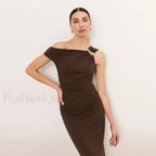 Diagonal Collar High Waist Ruched Hip Wrap Mermaid Maxi Dress