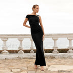 Diagonal Collar High Waist Ruched Hip Wrap Mermaid Maxi Dress
