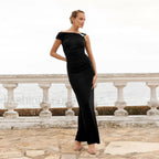Diagonal Collar High Waist Ruched Hip Wrap Mermaid Maxi Dress