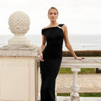 Diagonal Collar High Waist Ruched Hip Wrap Mermaid Maxi Dress