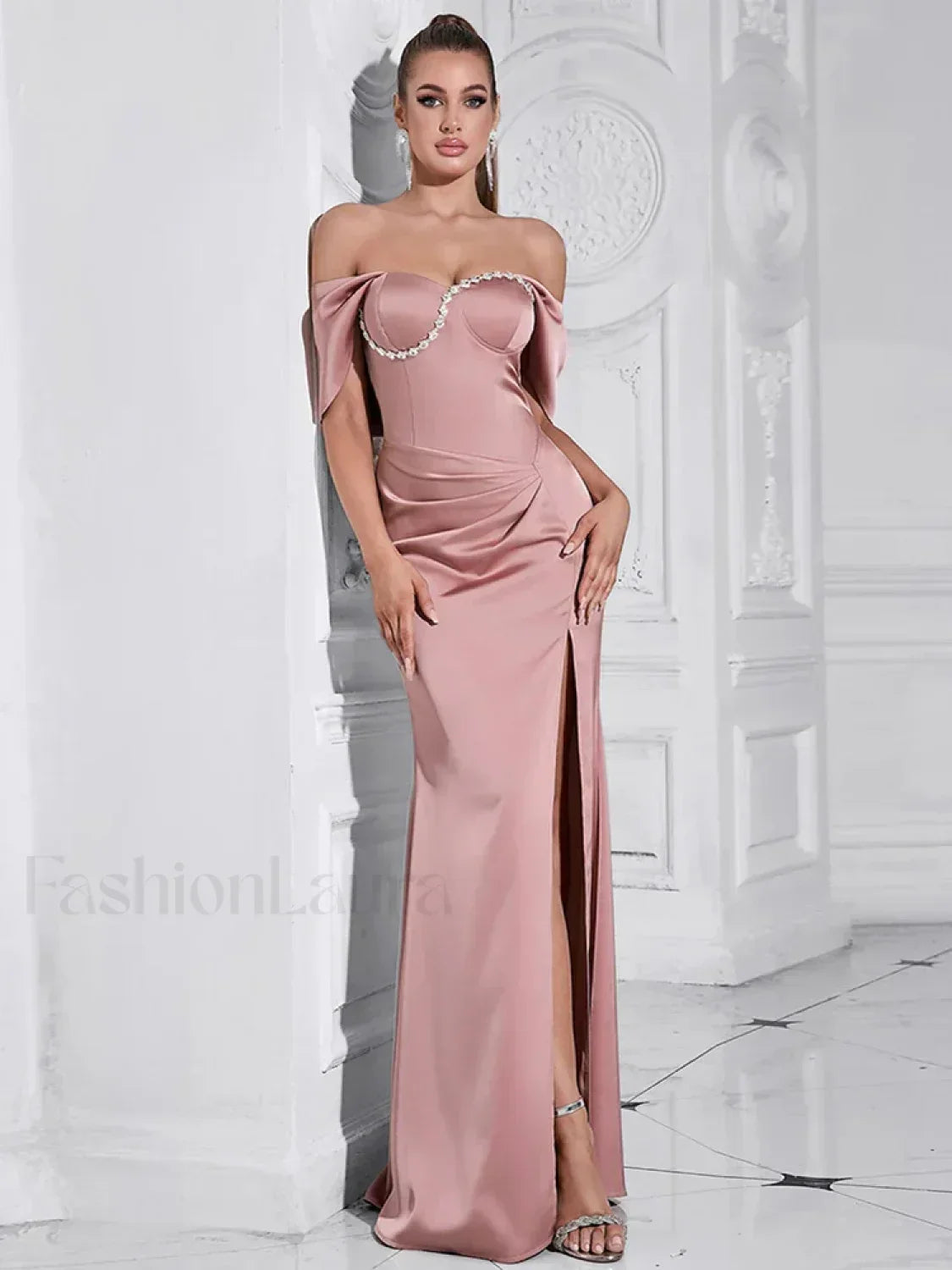 Pink Diamond Pleated Split Maxi Dress