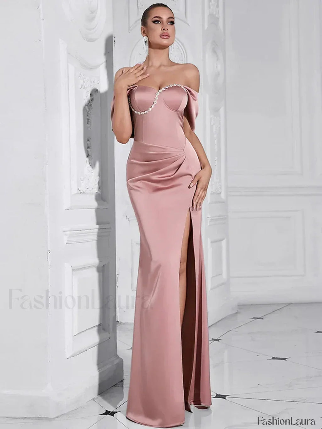 Pink Diamond Pleated Split Maxi Dress