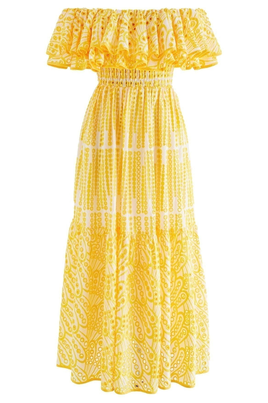 Waleska Statement Off the Shoulder a Line Flare Midi Dress with Embroidered Lace Occasion Edit
