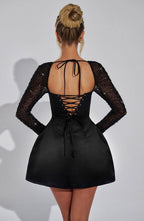 Square Neck Glitter Mesh Sleeve Structured Fit and Flare Mini Dress