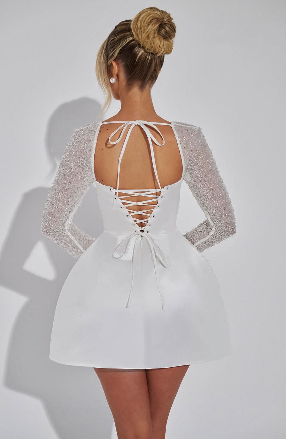 Square Neck Glitter Mesh Sleeve Structured Fit and Flare Mini Dress