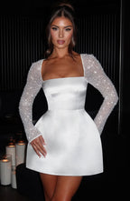 Square Neck Glitter Mesh Sleeve Structured Fit and Flare Mini Dress