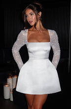 Square Neck Glitter Mesh Sleeve Structured Fit and Flare Mini Dress