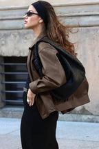 Double Breasted Black Lapel Leather Coat