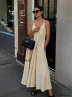 Apricot Double Layers V-Neck Long Dress