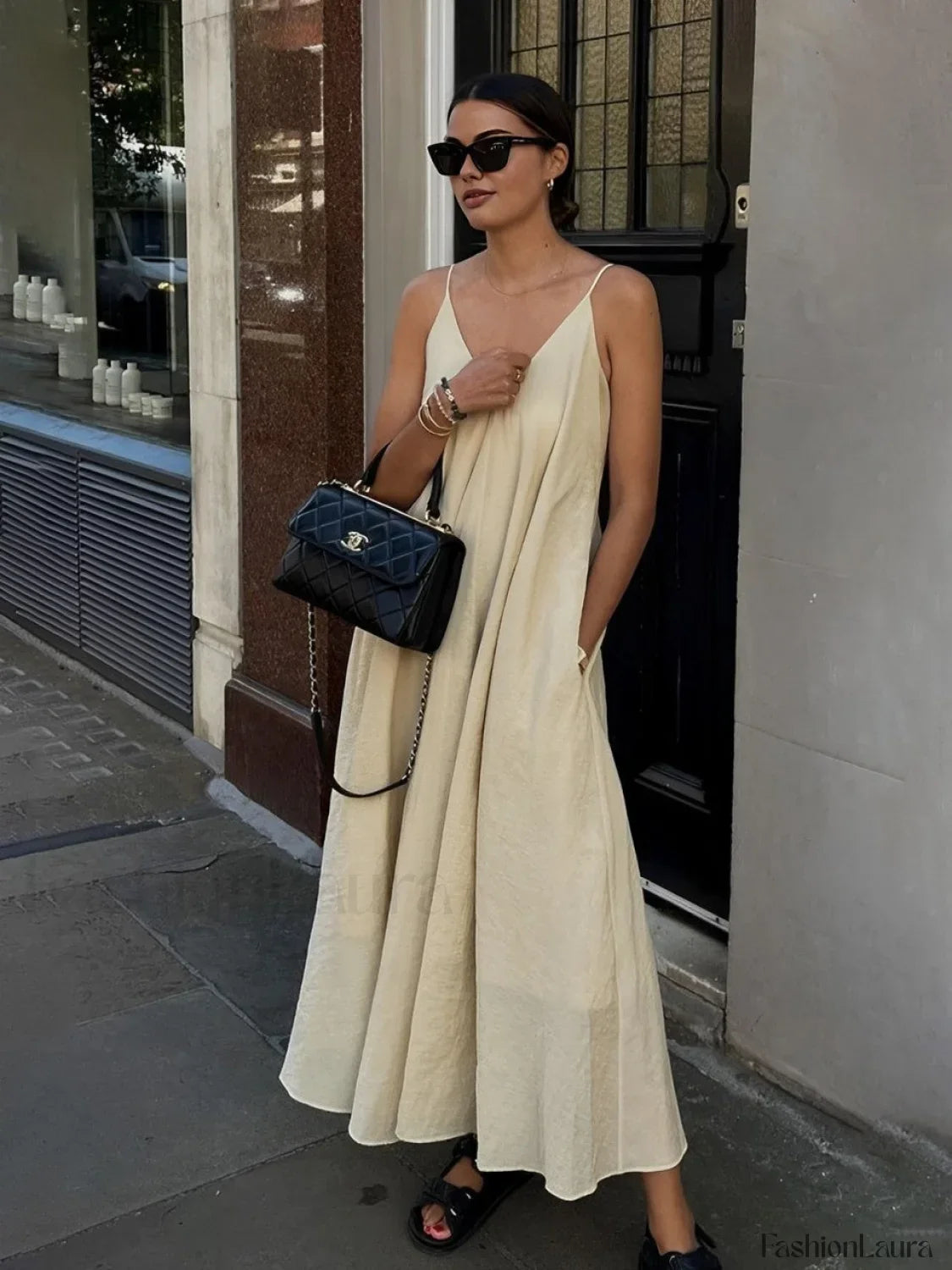Apricot Double Layers V-Neck Long Dress