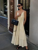 Apricot Double Layers V-Neck Long Dress