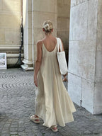 Apricot Double Layers V-Neck Long Dress