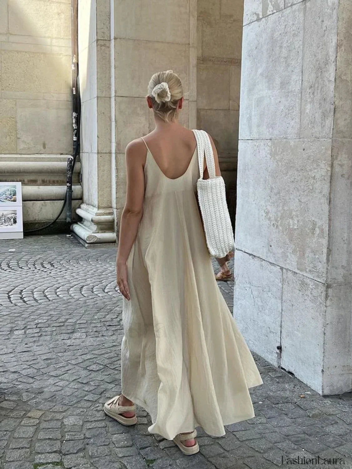 Apricot Double Layers V-Neck Long Dress