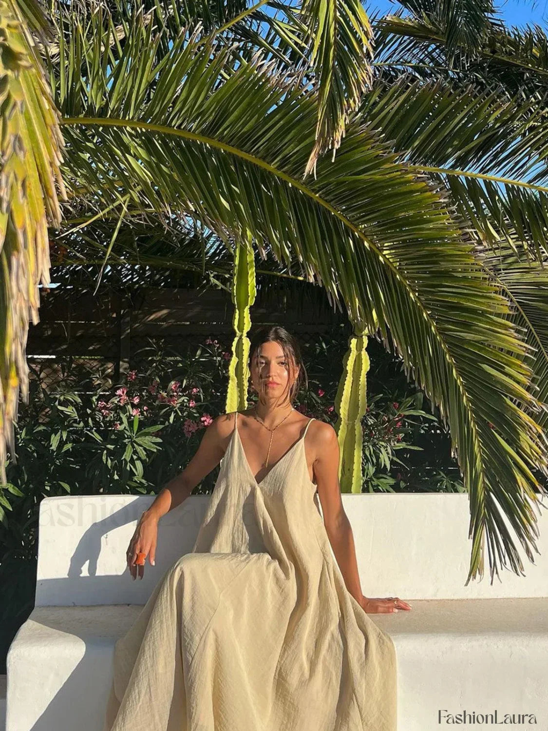 Apricot Double Layers V-Neck Long Dress