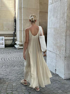 Apricot Double Layers V-Neck Long Dress