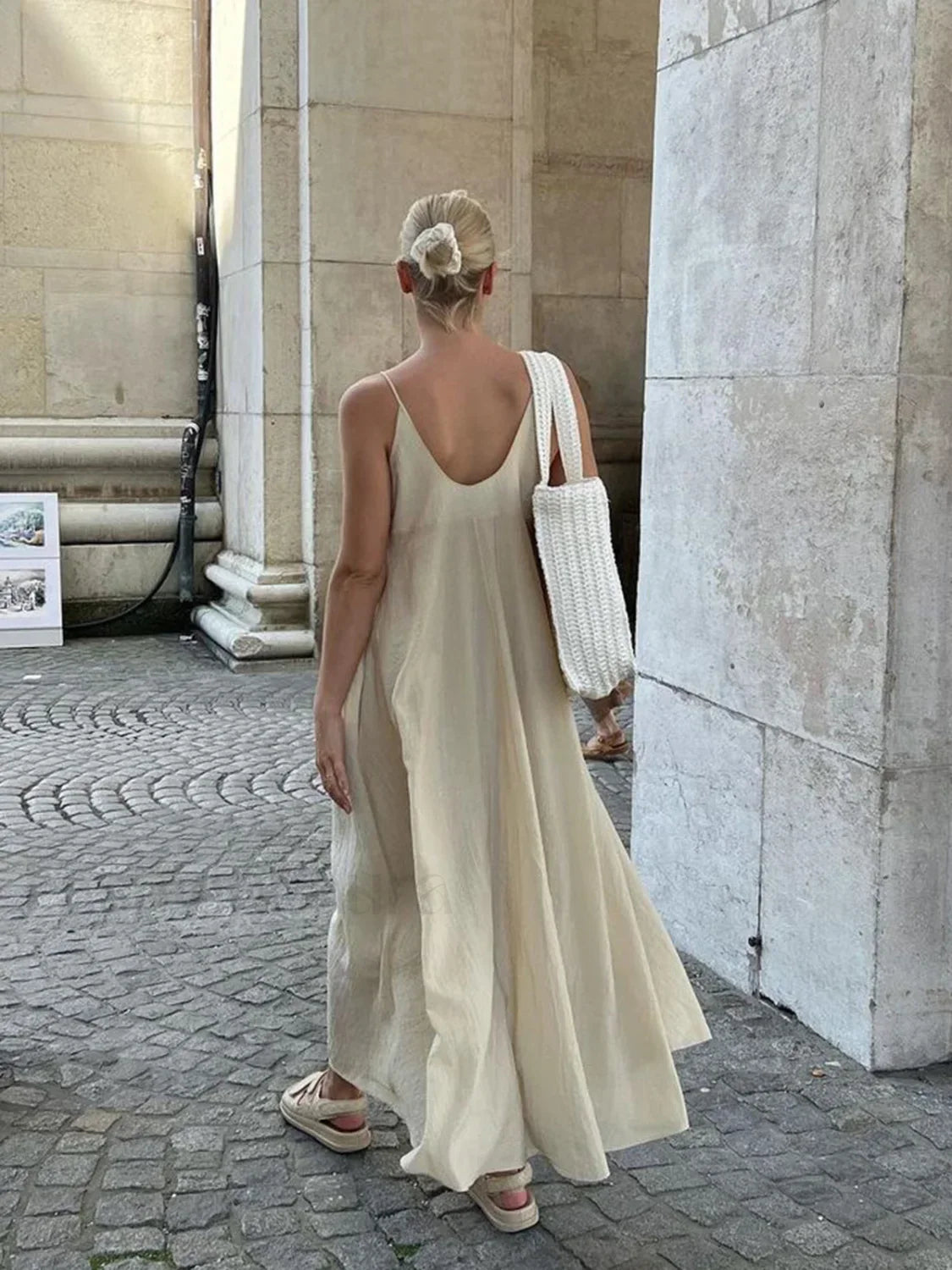Apricot Double Layers V-Neck Long Dress
