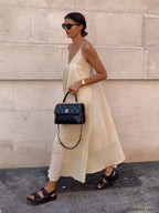 Apricot Double Layers V-Neck Long Dress