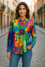 Geometric Print Classic Button-Up Shirt _ Versatile Work-to-Weekend Style