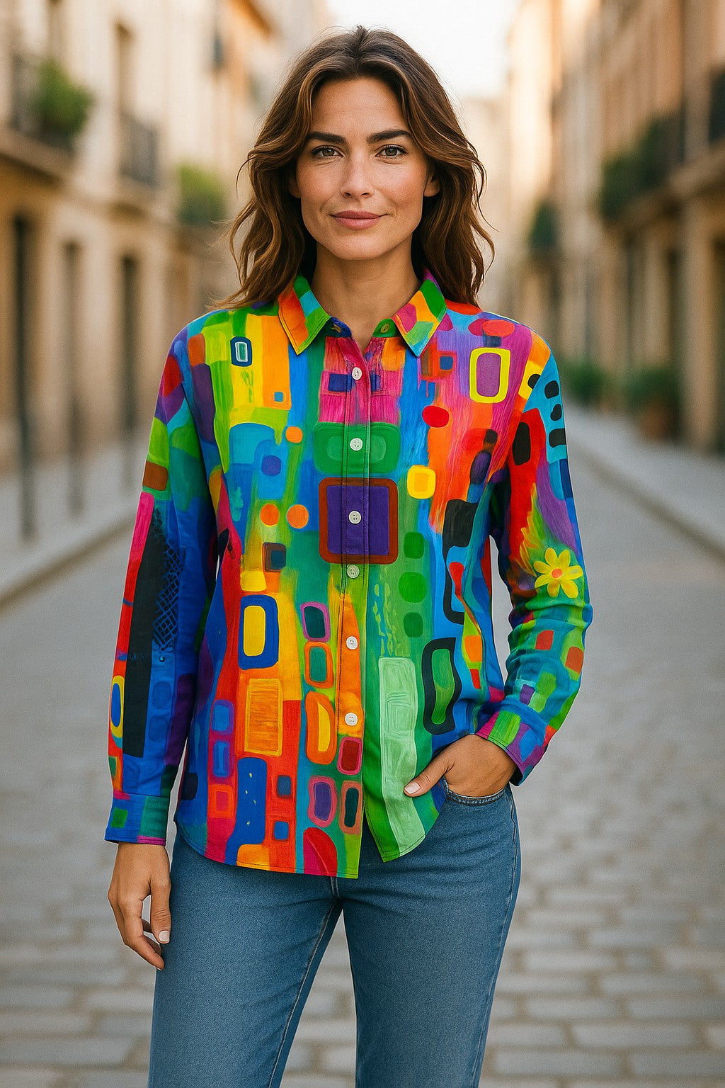 Geometric Print Classic Button-Up Shirt _ Versatile Work-to-Weekend Style