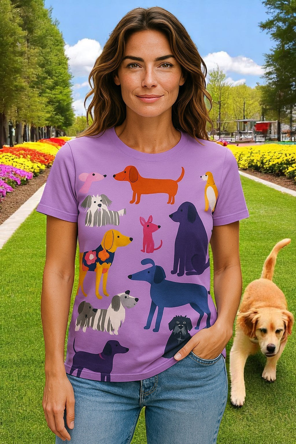 Animal Print Dog Pattern Casual Short Sleeve T-Shirt _ Light Purple Fun for Summer!