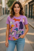 Animal Print Dog Pattern Casual Short Sleeve T-Shirt _ Light Purple Fun for Summer!