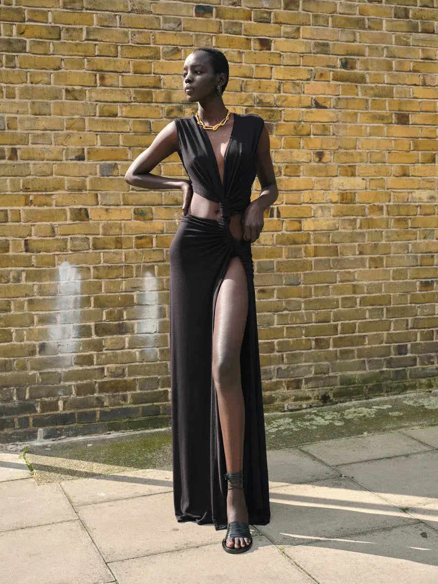 Deep V-Neck Halter Neck Waist Cut Out Knotted Drape High Split Maxi Gown