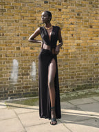 Deep V-Neck Halter Neck Waist Cut Out Knotted Drape High Split Maxi Gown