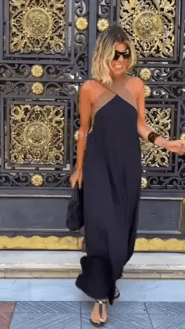 Halter Neck Mesh Illusion Panel Flowy Maxi Dress