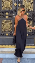 Halter Neck Mesh Illusion Panel Flowy Maxi Dress