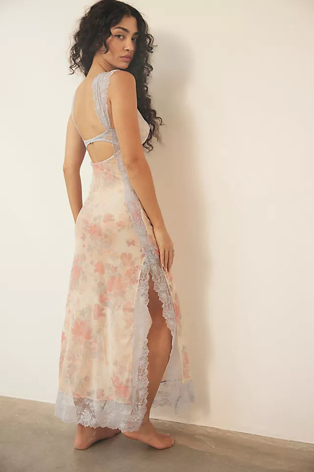 Lace Bodice Cutout Floral Print Satin Maxi Slip Dress