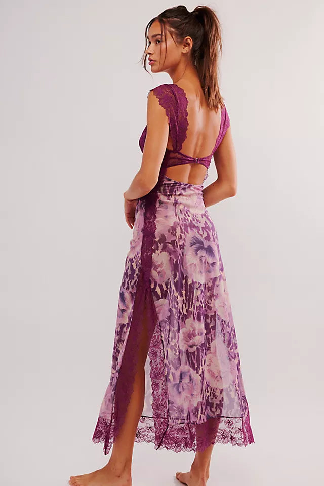 Lace Bodice Cutout Floral Print Satin Maxi Slip Dress