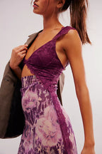 Lace Bodice Cutout Floral Print Satin Maxi Slip Dress