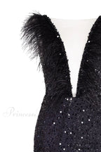 Dramatic Cocktail Dress On Straps Trendy Decorated With Sequins And Feathers