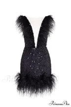 Dramatic Cocktail Dress On Straps Trendy Decorated With Sequins And Feathers