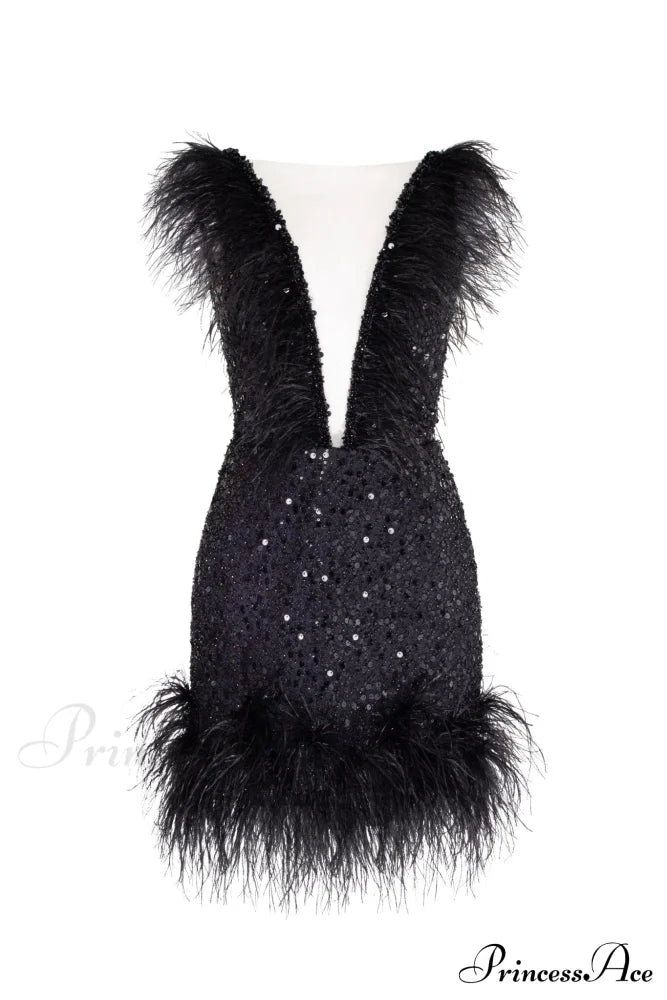 Dramatic Cocktail Dress On Straps Trendy Decorated With Sequins And Feathers