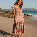 Drawstring Waist Midi Dress Vintage Floral Cotton Casual Summer Dress