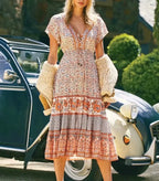 Drawstring Waist Midi Dress Vintage Floral Cotton Casual Summer Dress