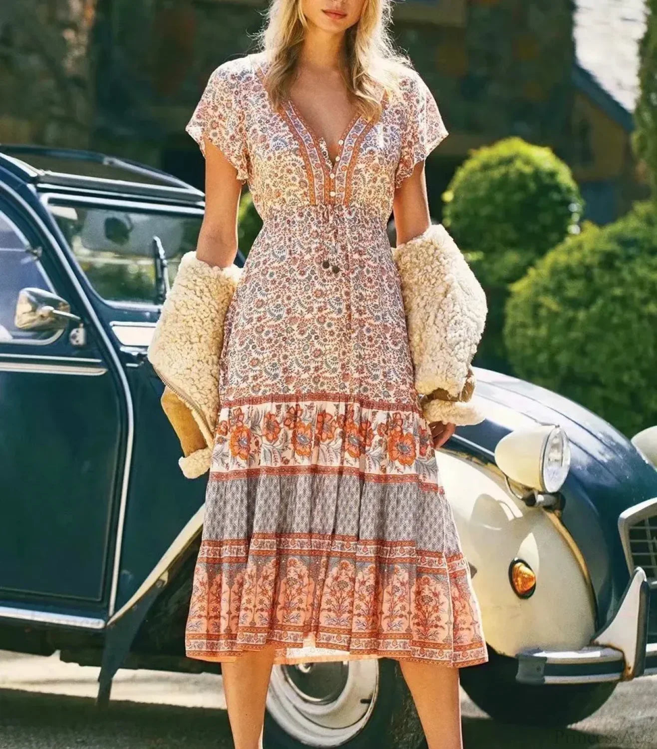 Drawstring Waist Midi Dress Vintage Floral Cotton Casual Summer Dress
